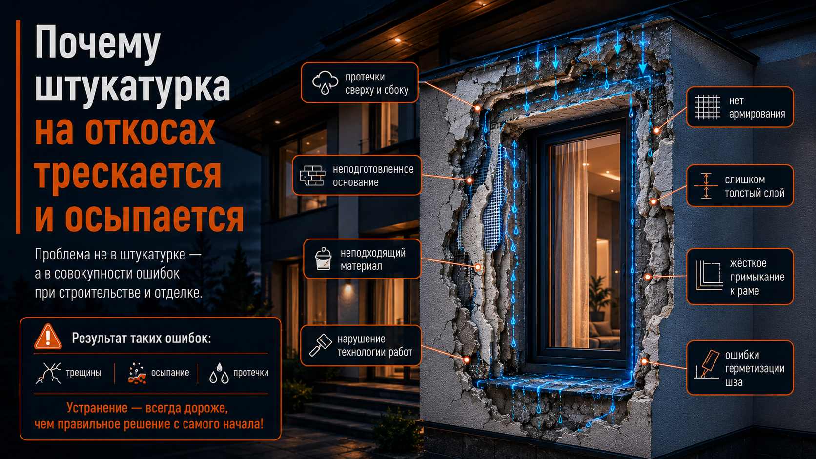 Почему штукатурка на откосах трескается и осыпается