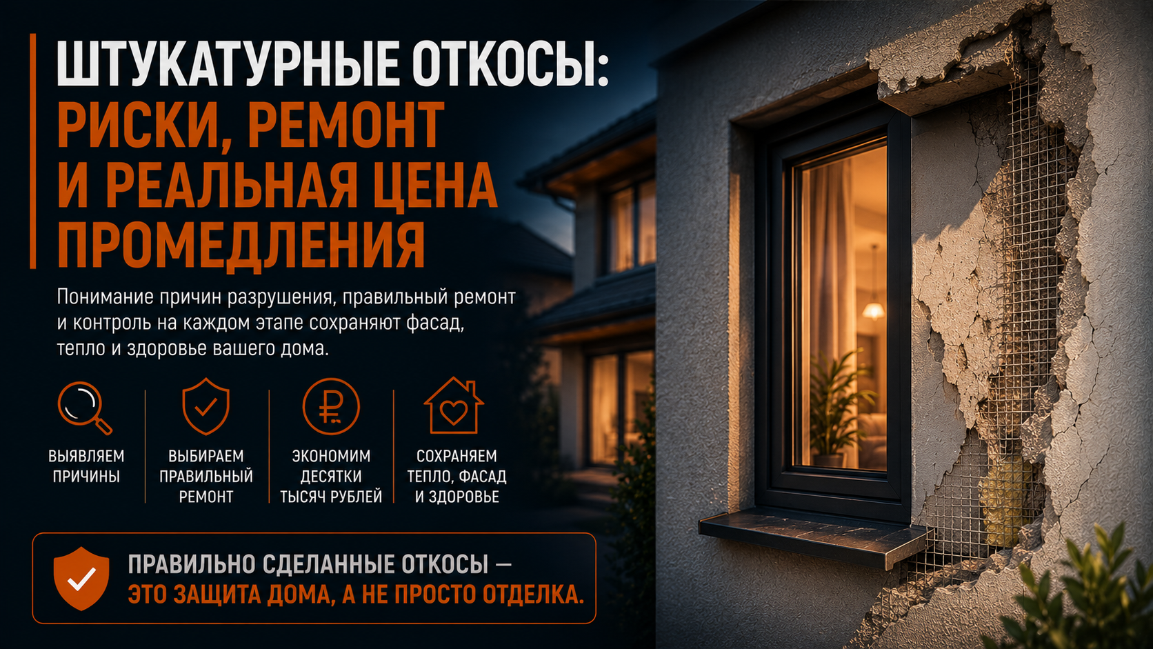 Осыпающийся наружный откос — это не мелкий косметический недостаток, а начало возможного разрушения всего оконного примыкания