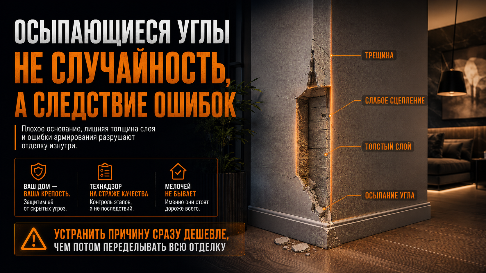 Осыпающиеся углы — это не случайность, а закономерный результат ошибок на ранних этапах работ
