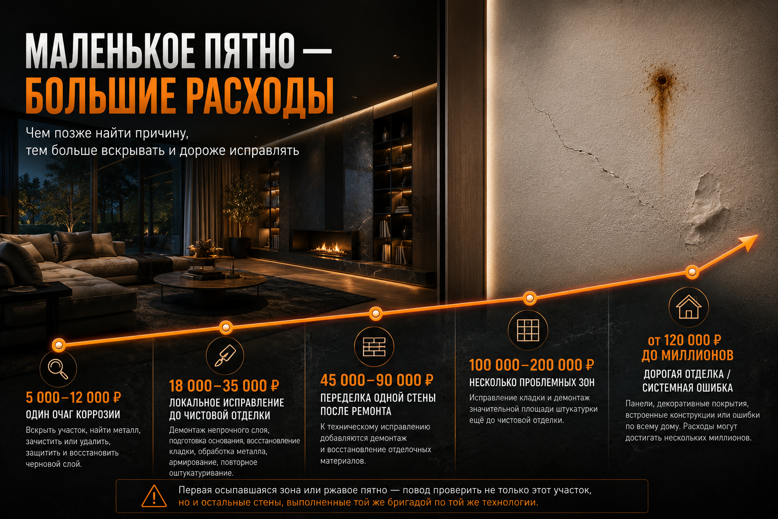 Точная стоимость исправления зависит от площади повреждения, толщины слоя, состояния кладки, количества проблемных участков и вида последующей отделки